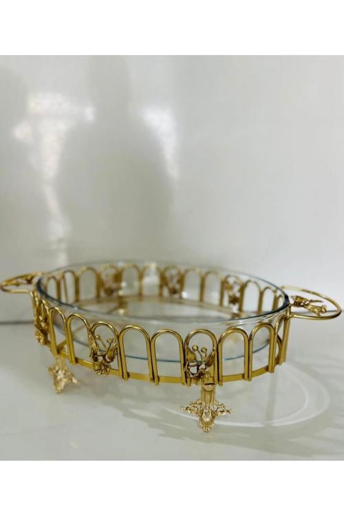 Gold Pirinç Japongül Dalgalı Oval Borcam Cam Sunumluk