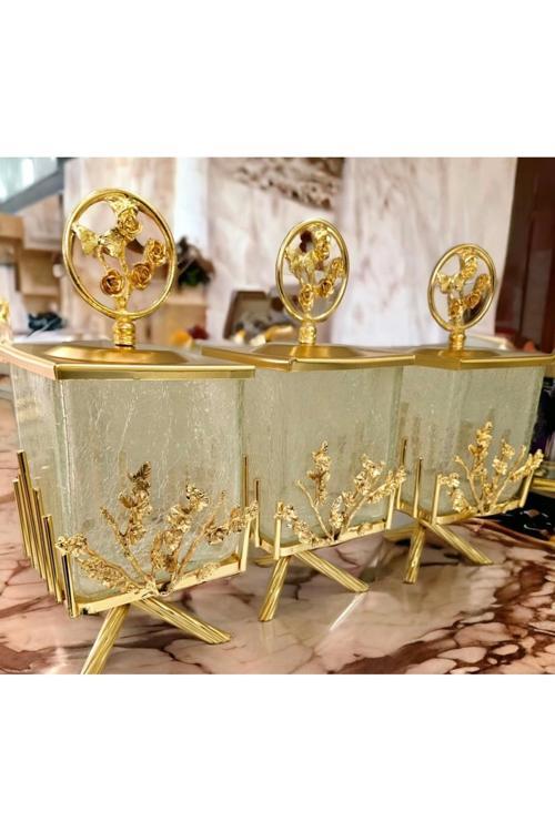 Gold Pirinç Çok Çiçek Kare 3’Lü Kavanoz