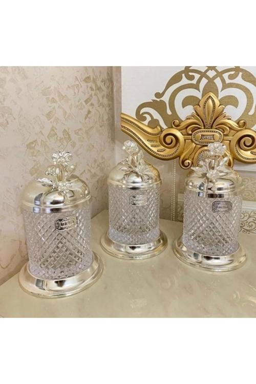 Gümüş Pirinç Japongül Lüx Kristal Kavanoz 3’Lü Set