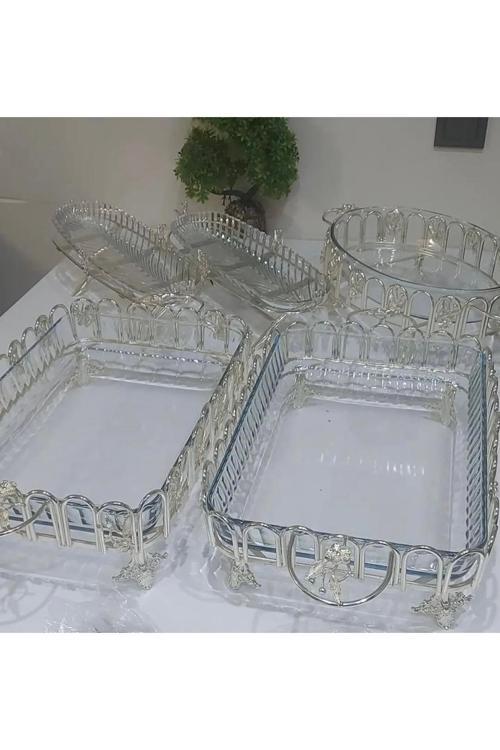 Gümüş 2Ad. Dalgalı Dikdörtgen Borcam, Dalgalı Oval Borcam Ve 2Ad. Japongül Tekli Kahvaltılık Set