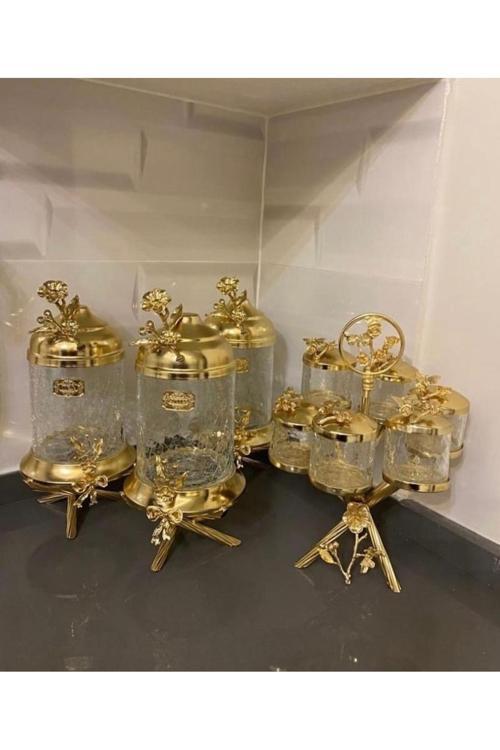 Gold Pirinç Japongül Ayaklı Lüx 3’Lü Kavanoz Ve Midi 6’Lı Cam Baharatlik 2’Li Set