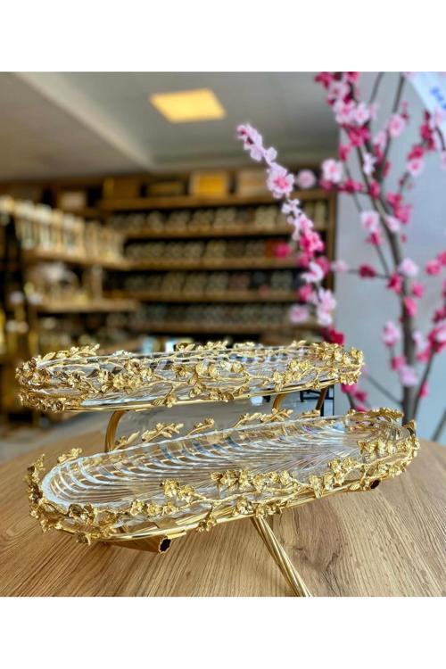 Gold Pirinç Tasarım Çok Çicek İki Katlı Kahvaltılık