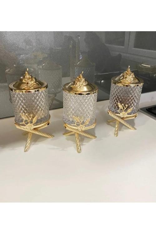 Gold Pirinç Japongül Kristal Cam Kavanoz 3’Lü Set