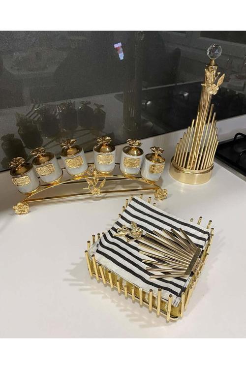 Gold Pirinç Japongül Uzun Baharatlık 6’Lı Porselen Baharatlık, Çubuk Rulo Ve Kare Peçete 3’Lü Set