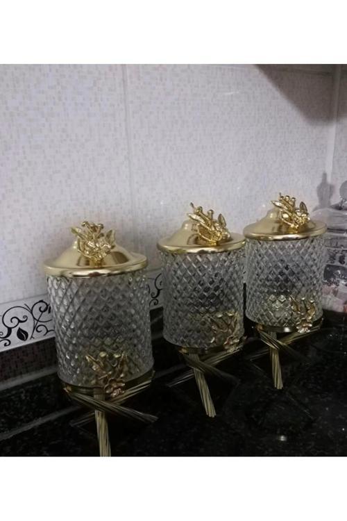 Gold Pirinç Japongül Kristal Cam Kavanoz 3’Lü Set