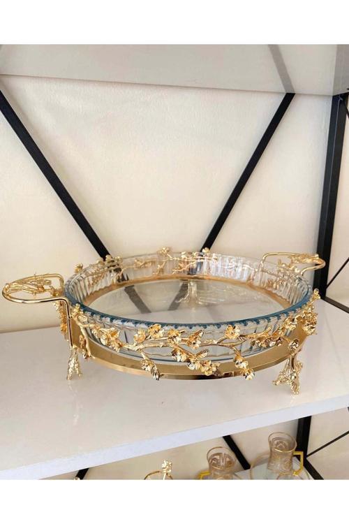 Gold Komple Pirinç Çok Çiçek Yuvarlak Borcam Cam Sunumluk