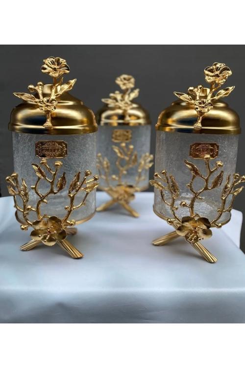 Gold Tomurcuk Çiçek Pirinç Ayaklı Lüx Kavanoz 3’Lü Set