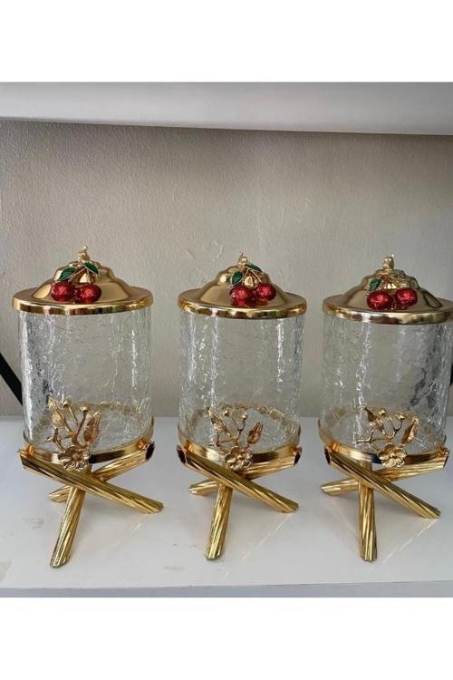 Gold Pirinç Kirazlı Çatlak Cam Kavanoz 3’Lü Set