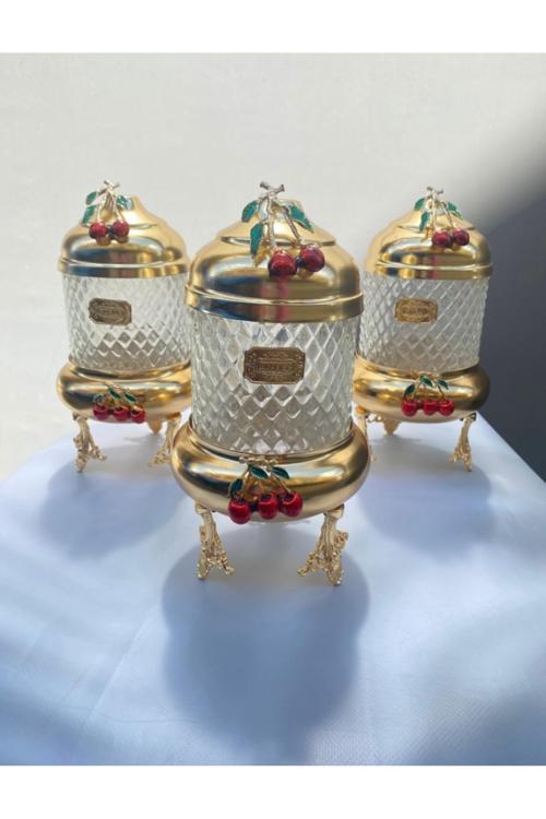 Gold Pirinç Kirazlı Lüx Çatlak Cam 3’Lü Kavanoz