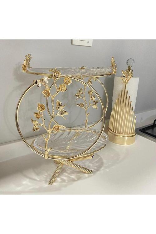 Gold Pirinç Çok Çiçek Dünya İki Katlı Cam Sunumluk Ve Çubuk Rulo