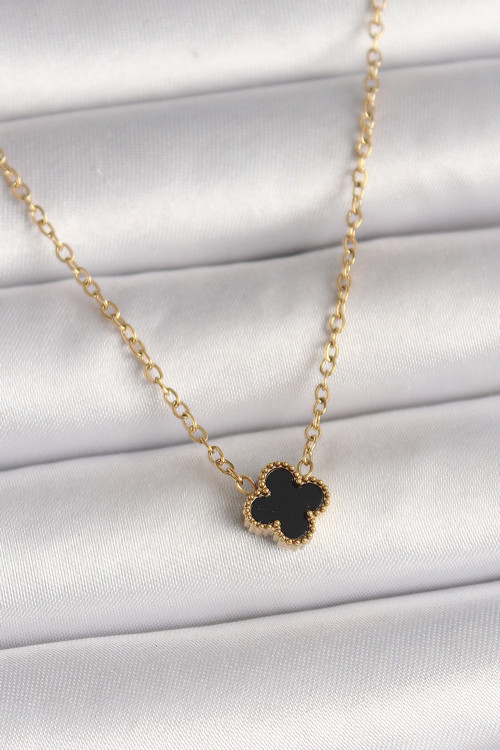 316L Çelik Gold Renk Siyah Yonca Model Kadın Kolye NSLM871