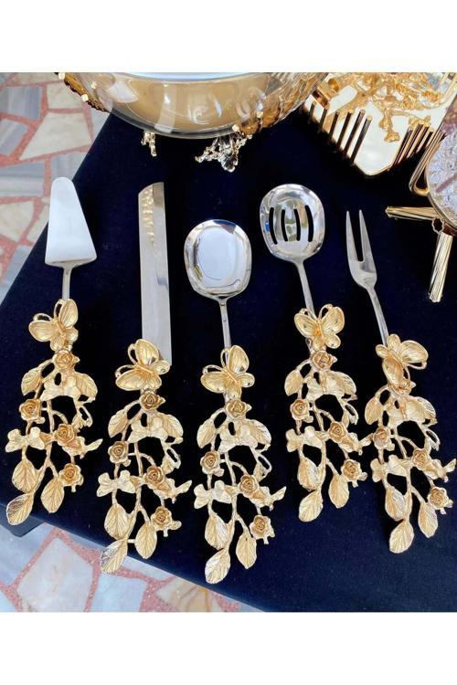 Gold Pirinç Çok Çiçek Kelebekli 5’Li Servis Set