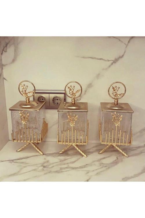 Gold Pirinç Japongül Çubuk Kare Kavanoz 3’Lü Set