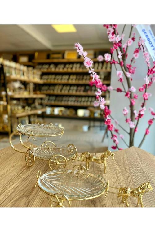 Gold Pirinç Atlı İki Katlı Cam Sunum Ve Atlı Tekli Cam Sunum İkili Set