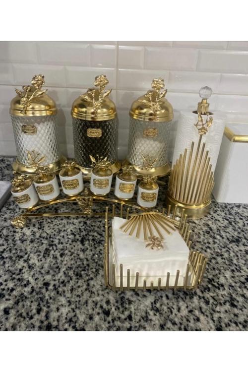 Pirinç Japongül Ayaklı Kristal 3’Lü Set, Uzun Porselen 6’Lıbaharatlık, Rulo Ve Kare Peçete 4’Lü Set