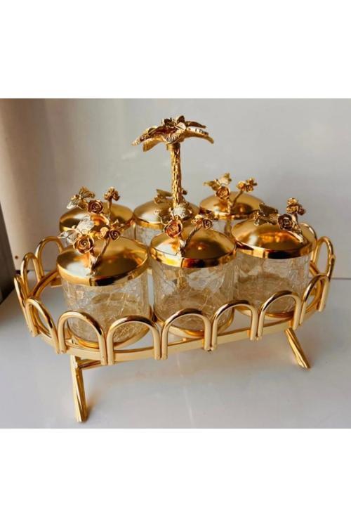 Gold Pirinç Palmiye Çatlak Cam 6’Lı Baharatlık