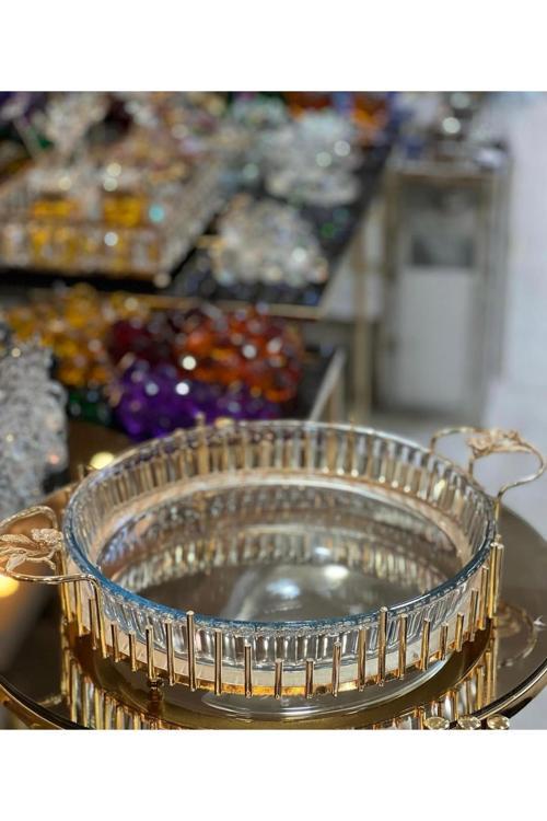 Gold Pirinç Japongül Çubuk Yuvarlak Borcam Cam Sunumluk