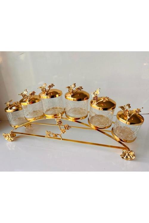 Gold Pirinç Japongül Uzun Midi Çatlak Cam 6’Lı Baharatlık