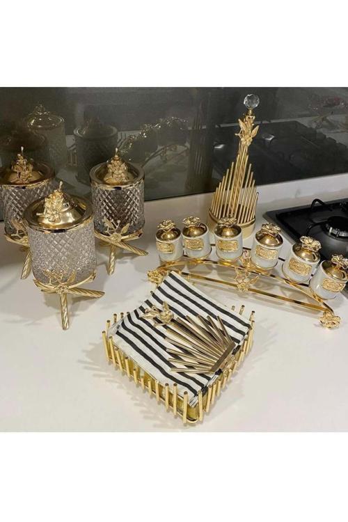 Gold Pirinç Japongül Mini Kristal 3’Lu Kavanoz Set Uzun 6’Lı Porslen Baharatlık, Rulo Ve Kare Peçete