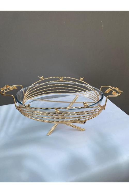 Gold Pirinç Meridyen Kuşlu Oval Borcam Cam Sunumluk