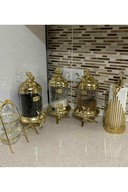 Gold Pirinç Japongül Ayaklı Lüx Kavanoz 3’Lü Set