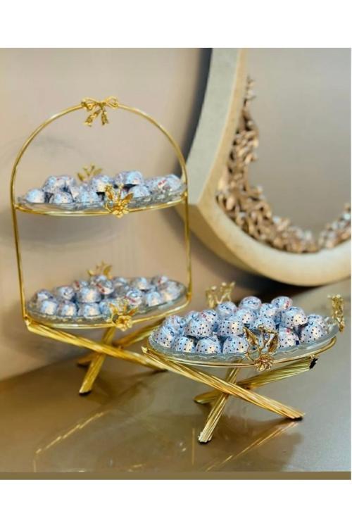 Gold Japongül Pirinç İki Katlı Sunum Ve Tekli Cam Sunum İkili Set
