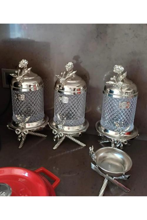 Gümüş Pirinç Ayaklı Lüx Kristal Kavanoz 3’Lü Set
