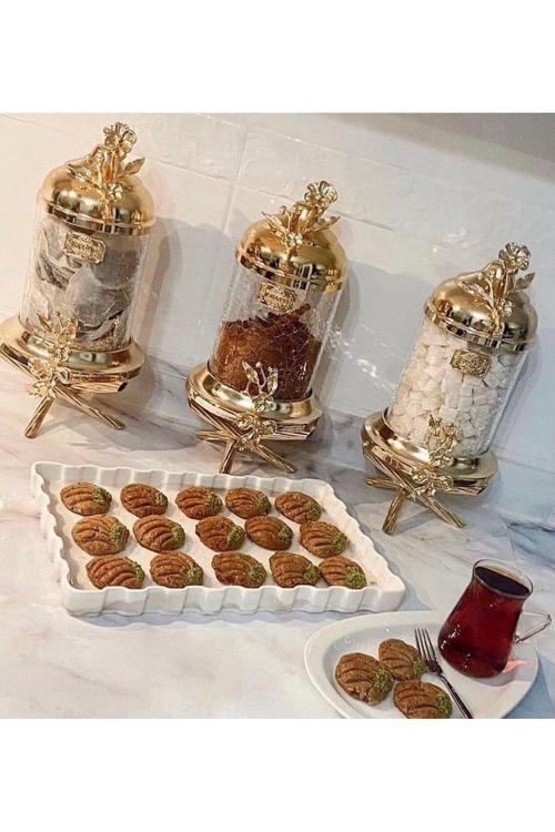 Gold Pirinç Japongül Ayaklı Lüx Kavanoz 3’Lü Set