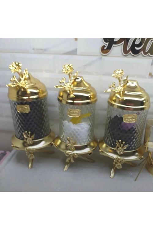 Gold Pirinç Japongül Ayaklı Lüx Kristal Kavanoz 3’Lü Set