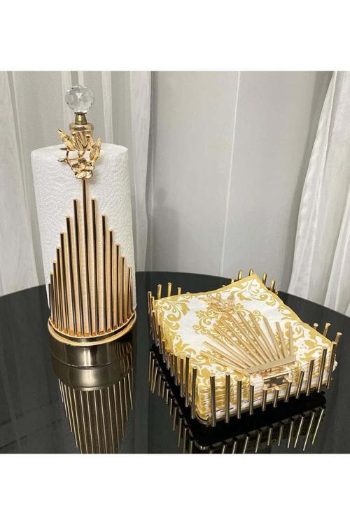 Gold Pirinç Japongül Çubuk Rulo Ve Çubuk Kare Peçete 2’Set