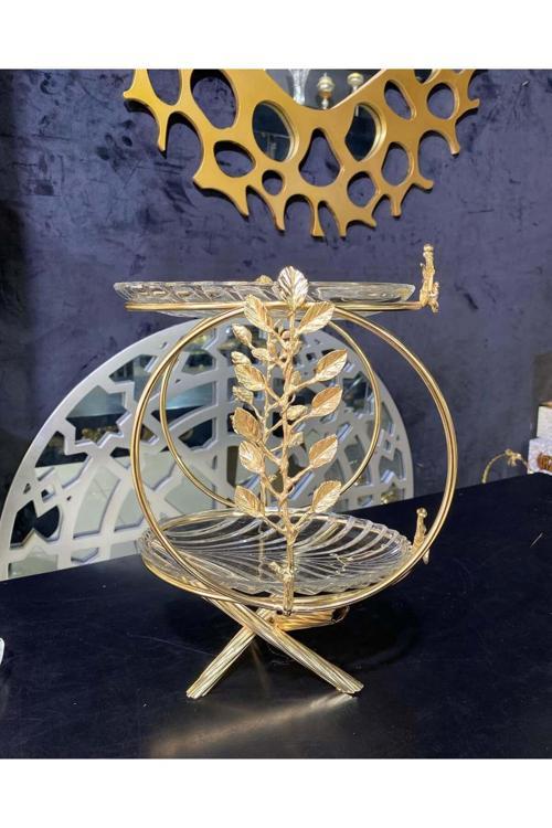 Gold Pirinç Yaprak Dünya İki Katli Cam Sunumluk