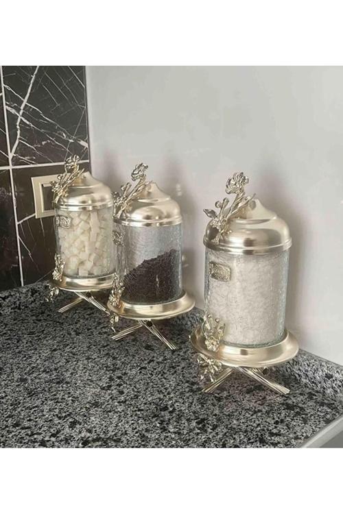 Gümüş Pirinç Japongül Ayaklı Lüx Kavanoz 3’Lü Set