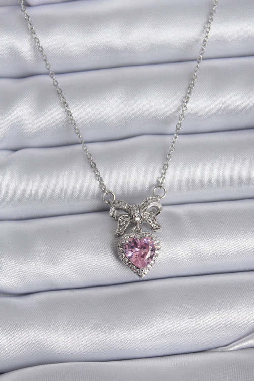 316L Çelik Gümüş Renk Zincir Pembe Kristal Kalp Zirkon Taşlı Kurdele Model Kadın Kolye NSLM835