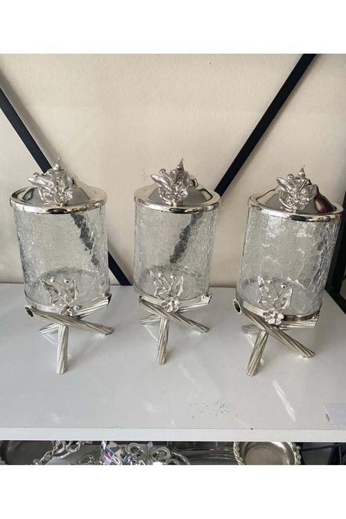 Gümüş Pirinç Japongül Çatlak Kavanoz 3’Lü Set
