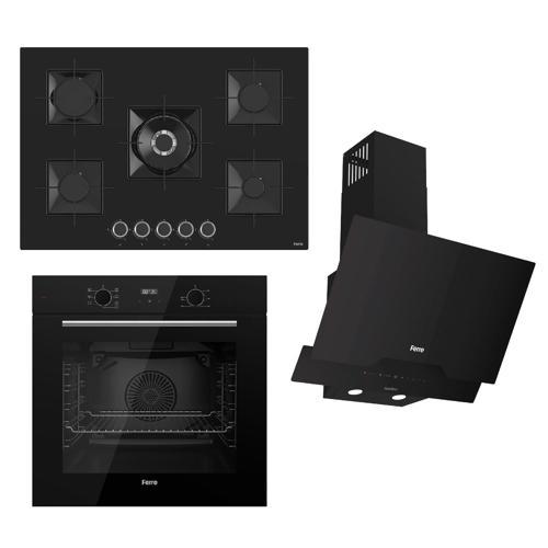 FLOWART-SILENTART Serisi Siyah Set (SS035 + QBL63CS +D063-SA ) - Emaye Izgara-75 Cm Ocak