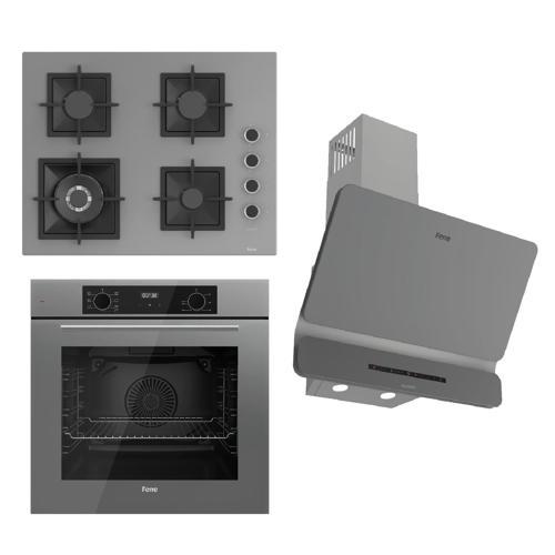 FLOWART-SILENTART Serisi Gri Set (SC408-WFA + QBL63CPR +D082-SA ) - Döküm Izgara / 65 cm Ocak