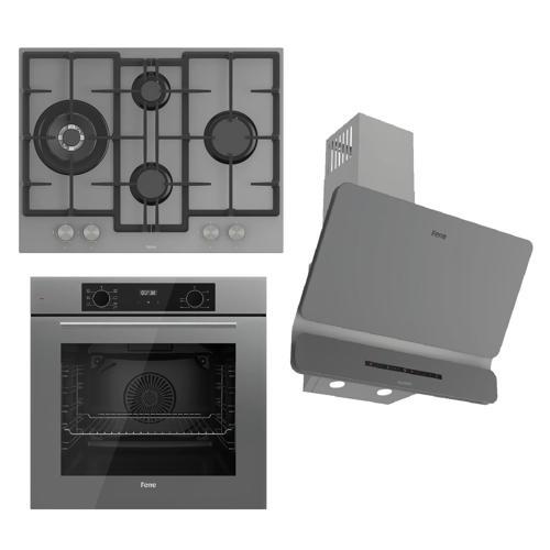 FLOWART-SILENTART Serisi Gri Set (ED078 + QBL63CPR +D082-SA ) - Döküm Izgara / 67 cm Ocak