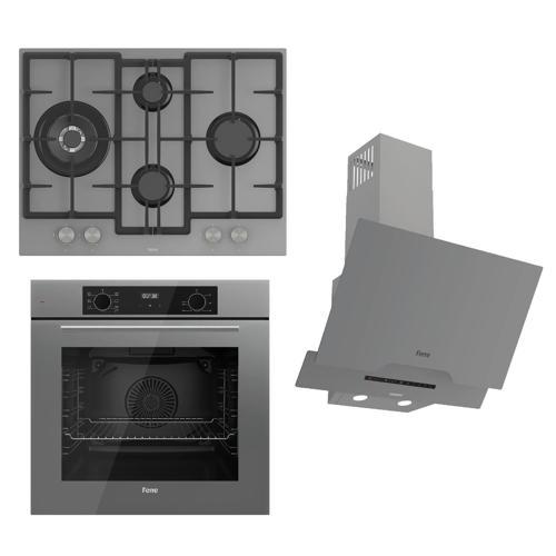FLOWART-SILENTART Serisi Gri Set (ED078 + QBL63CPR +D065-SA ) - Döküm Izgara / 67 cm Ocak