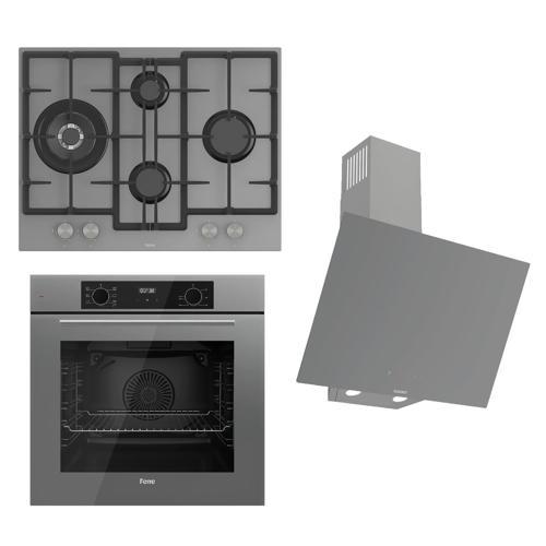 FLOWART-SILENTART Serisi Gri Set (ED078 + QBL63CPR +D079-SA ) - Döküm Izgara / 67 cm Ocak