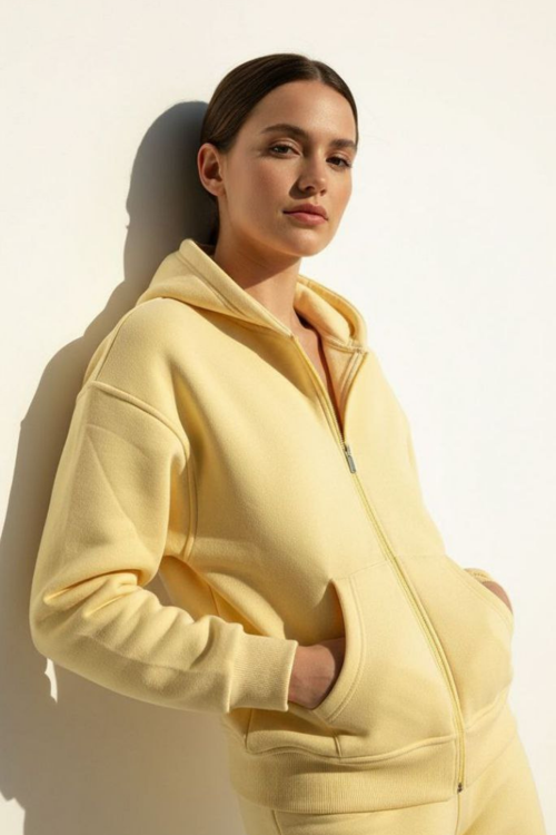 Kadın 3 İplik İçi Polarlı Kapüşonlu Sweat Hırka 1110