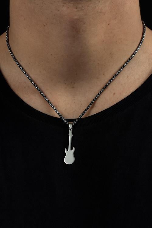 Gümüş Renk Gitar Model Unisex Arnavut Zincir Çelik Kolye - 3317
