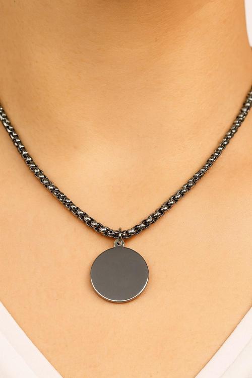 Gümüş Renk Yuvarlak Plaka Model Unisex Arnavut Zincir Çelik Kolye - 3318