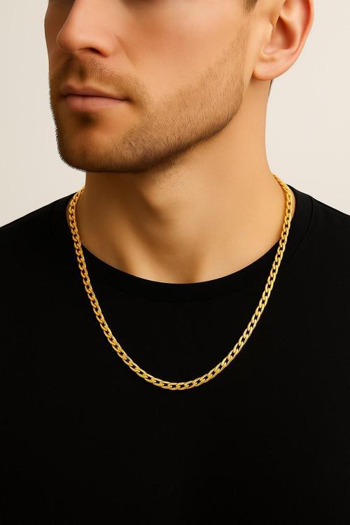 Altın Renk Cuban İnce Paslanmaz Çelik Unisex Erkek Zincir Kolye 55 Cm. Çelik Kolye - 3336