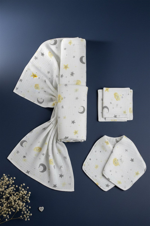 Müslin Bezi Set 5 Parça 90x90 % 100 Pamuklu Ay Yıldızlı Açık Gri