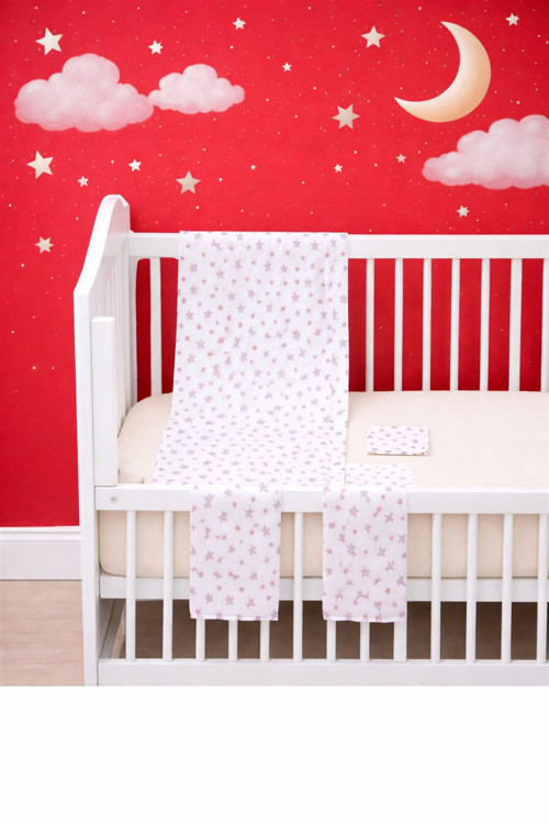 Müslin Bezi Set 5 Parça 90x90 % 100 Pamuklu Yıldızlı Gri - Beyaz