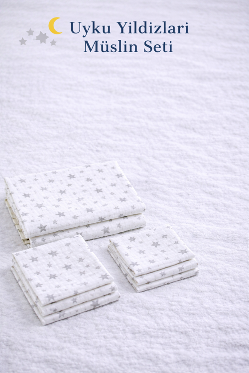 Müslin Bezi Set 5 Parça 90x90 % 100 Pamuklu Yıldızlı Gri - Beyaz