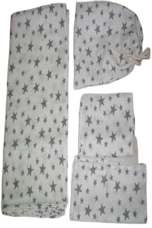Bebek Müslin Bez Battaniye Set 6 Parça 90x90 Gri Yıldızlı - Beyaz