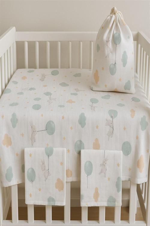 Müslin Bezi Bebek Set 6 Parça 100 90x90 % Pamuklu Bulut Filli Gri - Beyaz