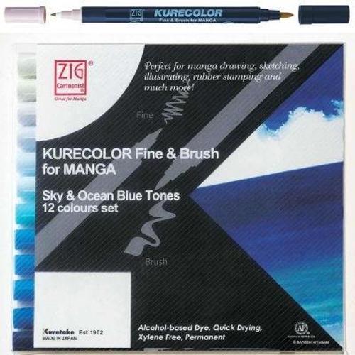Kurecolor Fine & Brush for MANGA Marker Çizim Kalemi Seti 12 Renk Sky & Ocean Blue Tones