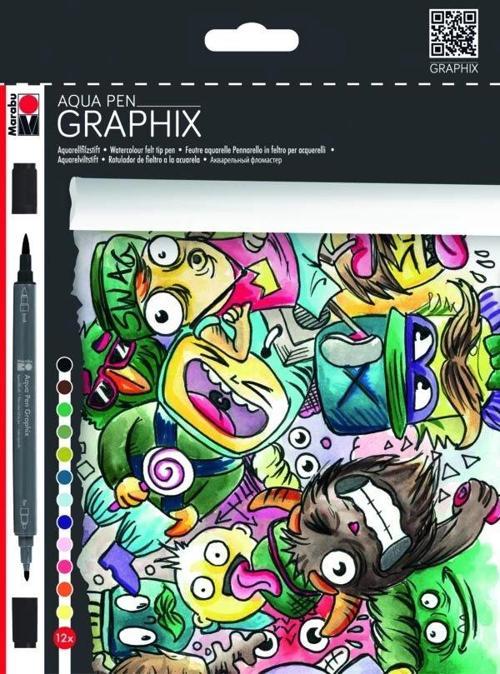 Graphix Aqua Pen Çift Uçlu Grafik Çizim Manga Marker Kalemi Seti 12 Renk